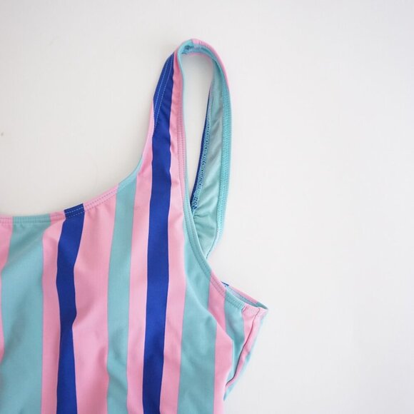 ENVYA Swimwear Pink Teal Stripe One Piece High-Leg Low Scoop Back Swimsuit M - Picture 6 of 12
